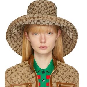 Gucci Beige GG Monogram Bucket Hat Wide Large Brim Tan Canvas Jacquard Beach
